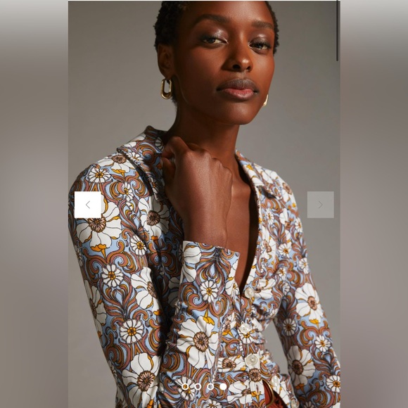 Maeve by Anthropologie Blue Motif Ruched Long Sleeve Shirt Size Medium - Picture 4 of 8